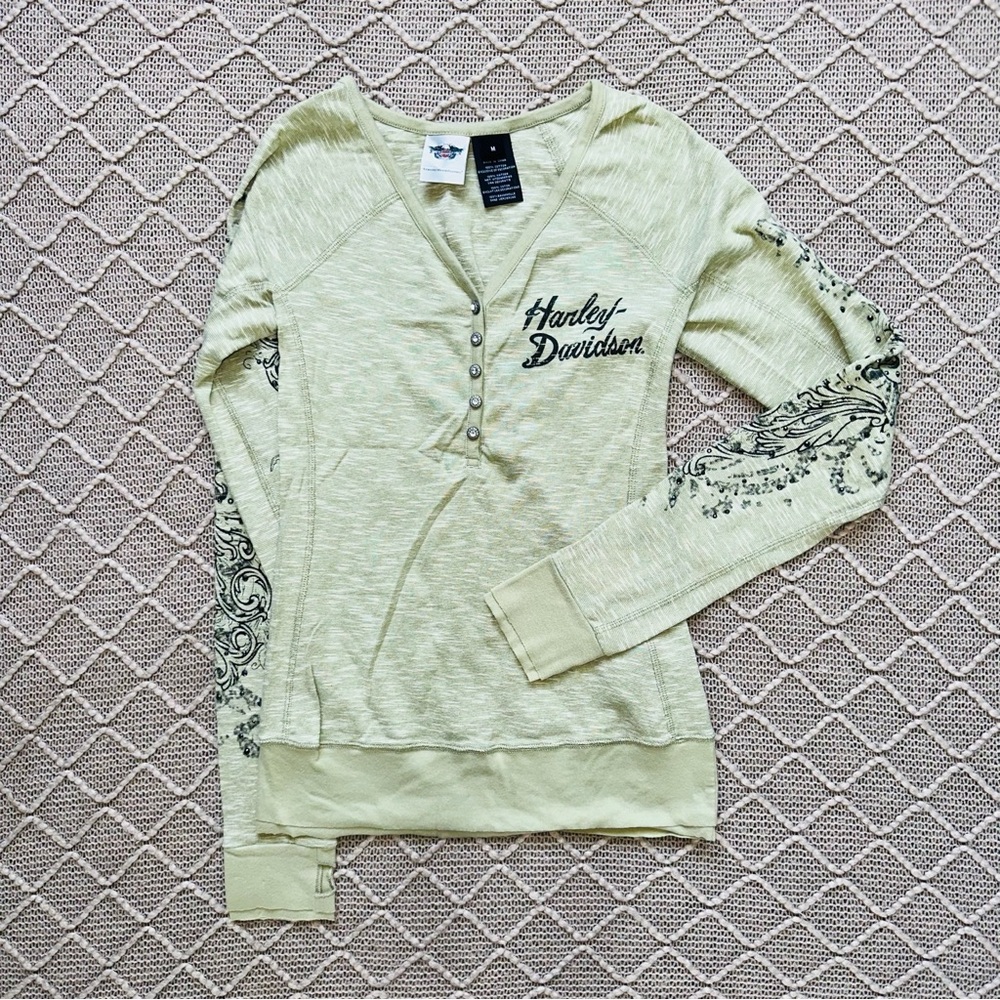 Harley-Davidson Cream Fitted Buttoned Shirt HD Long Sleeve Top Medium M